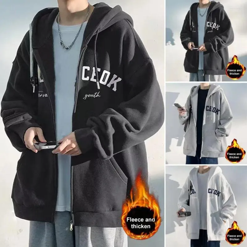 Men's Hoodies Velvet Coat Hooded Thick Zip Up Cardigan Jacket With Plush Pockets Elastic Cuff Fall Winter Mid Length For Men Soft