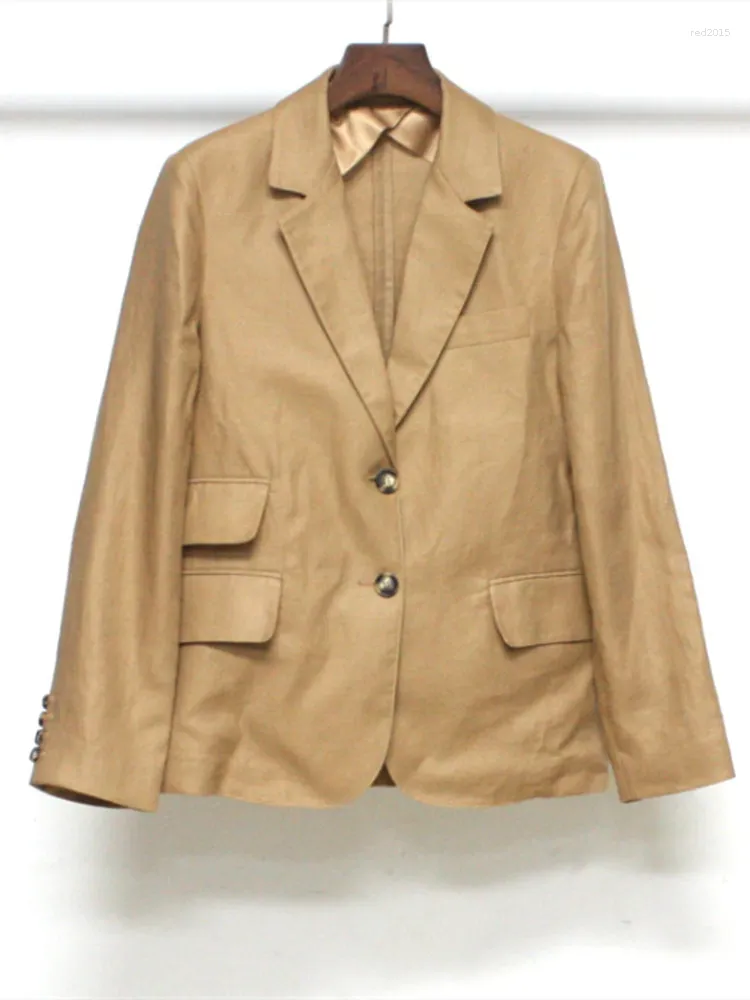 Kvinnorjackor Kvinnor Solid Color Khaki Blazer Coat Double Button Lång ärm V-ringningsjacka för Lady Office Autumn 2024