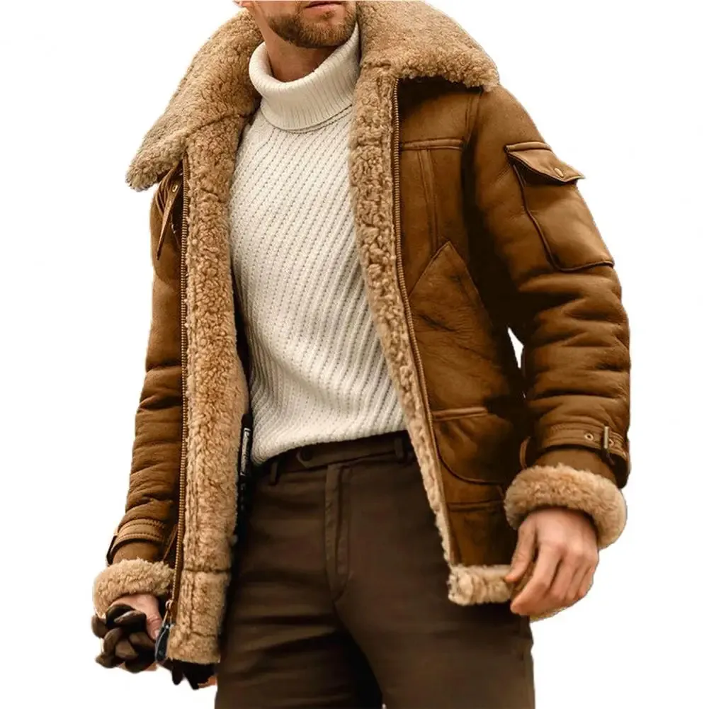 Herren Wintermantel in Übergröße, Reverskragen, lange Ärmel, gepolsterte Lederjacke, Vintage-Verdickungsmantel, Schaffelljacke mit Kapuze für Herren 240124