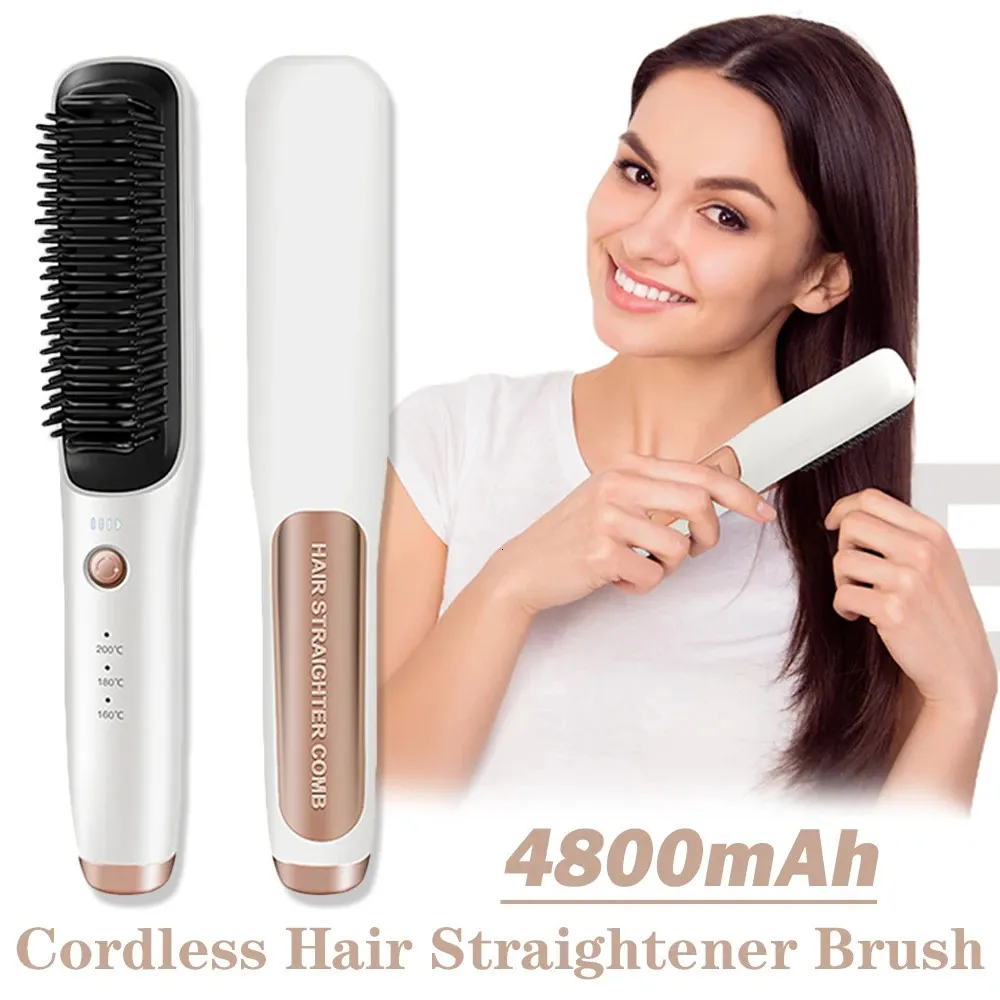 Brosse à lisser les cheveux sans fil, 4800mAh, électrique, lissante, pour barbe, peigne chauffant, Rechargeable, 240130