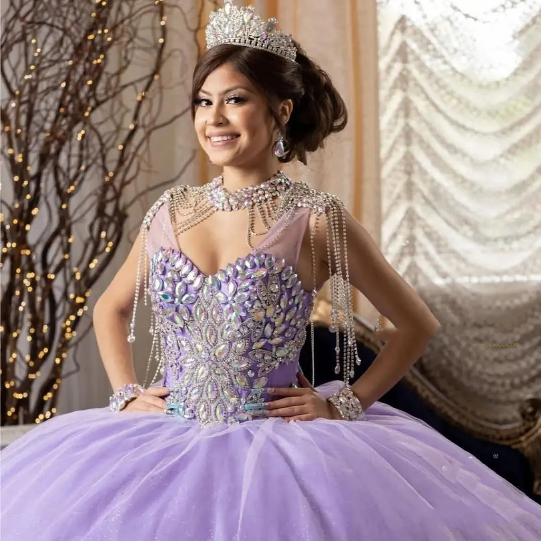 Luxo roxo quinceanera vestido 2024 princesa vestidos de baile contas cristal borla festa aniversário vestidos de 15