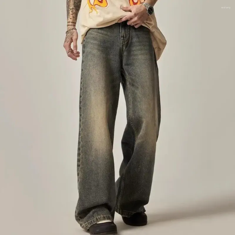 Herr jeans harajuku denim byxor retro stil hopp med gradient kontrast färg breda benfickor streetwear