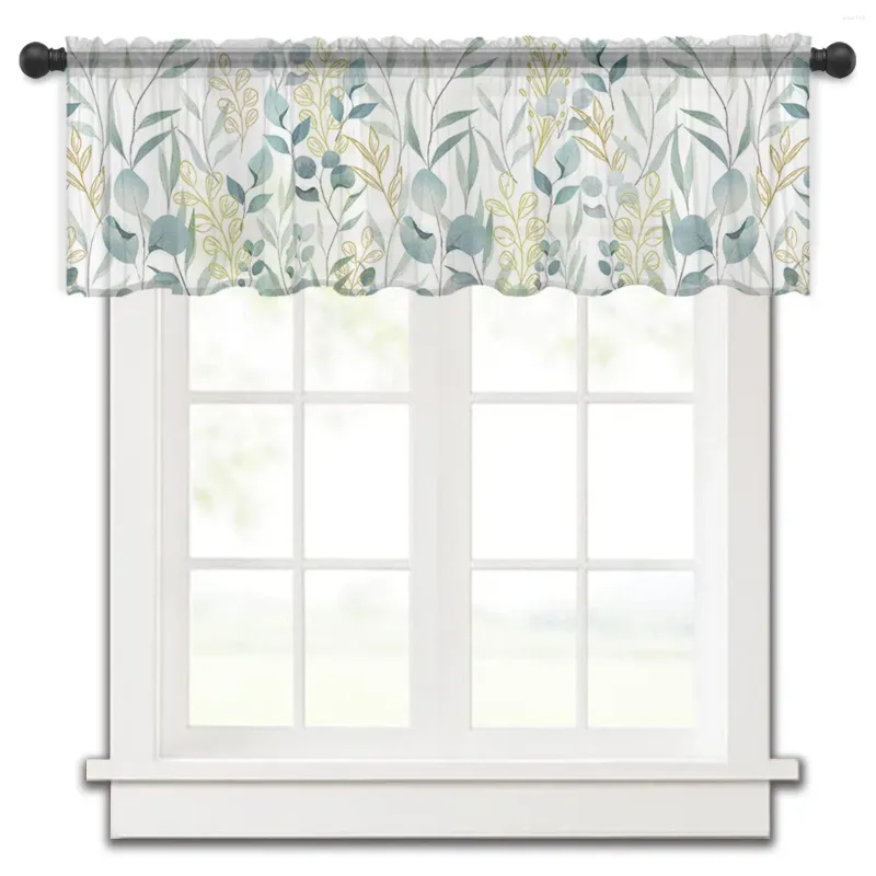 Cortina verão planta folha verde aquarela linhas janela tule sheer curto quarto sala de estar decoração casa voile cortinas