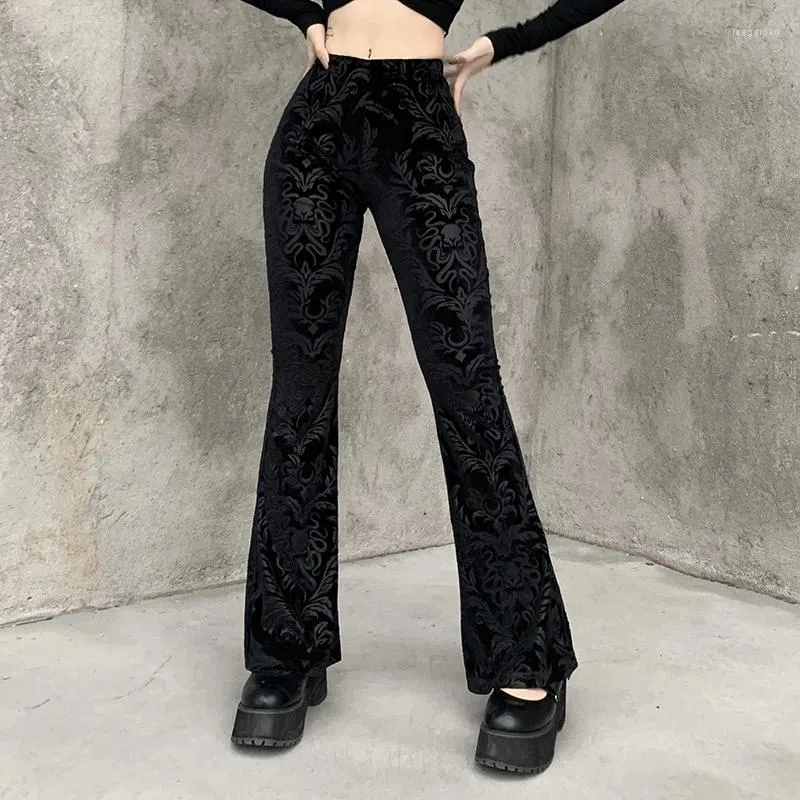 Pantalon Femme Sexy Mode Patchwork Floral Velours Solide Flare Femmes Gothique Foncé Taille Haute Pantalon Lâche 2024 Streetwear Daim