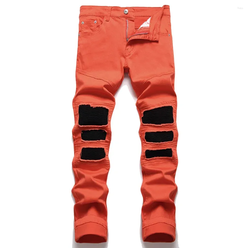 Herr jeans nattklubb sexig design män cyklist streetwear lapptäcke smala raka stretch denim byxor rippade orange byxor