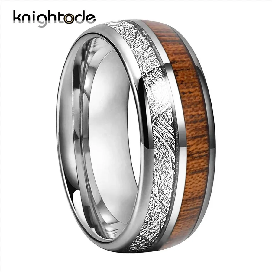 8mm Silvery Tungsten Carbide Ring White MeteoriteWood Inlay For Men Women Modern Style Wedding Band Dome Polished Comfort Fit 240119