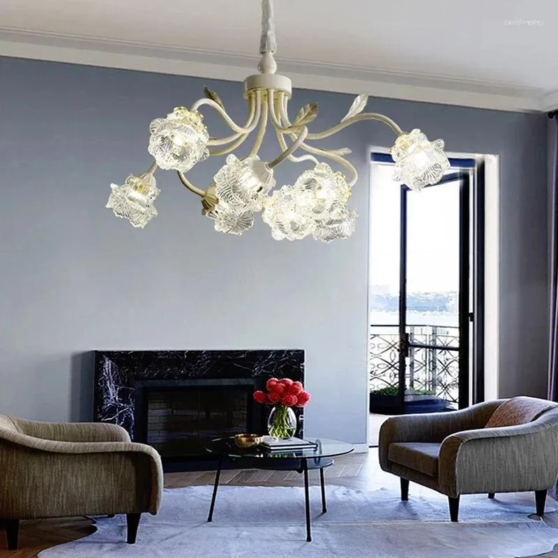 Chandeliers Romantic Glass Flower Branch Ceiling 2024 White Home Decor LED Vintage Lighting Hanging Lamps For Living Room Lustre