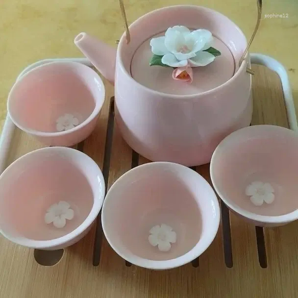 Teaware sätter te med ren handgjorda klibbiga blomma jacquard tekannor En uppsättning hushålls ungdomar röda rosa