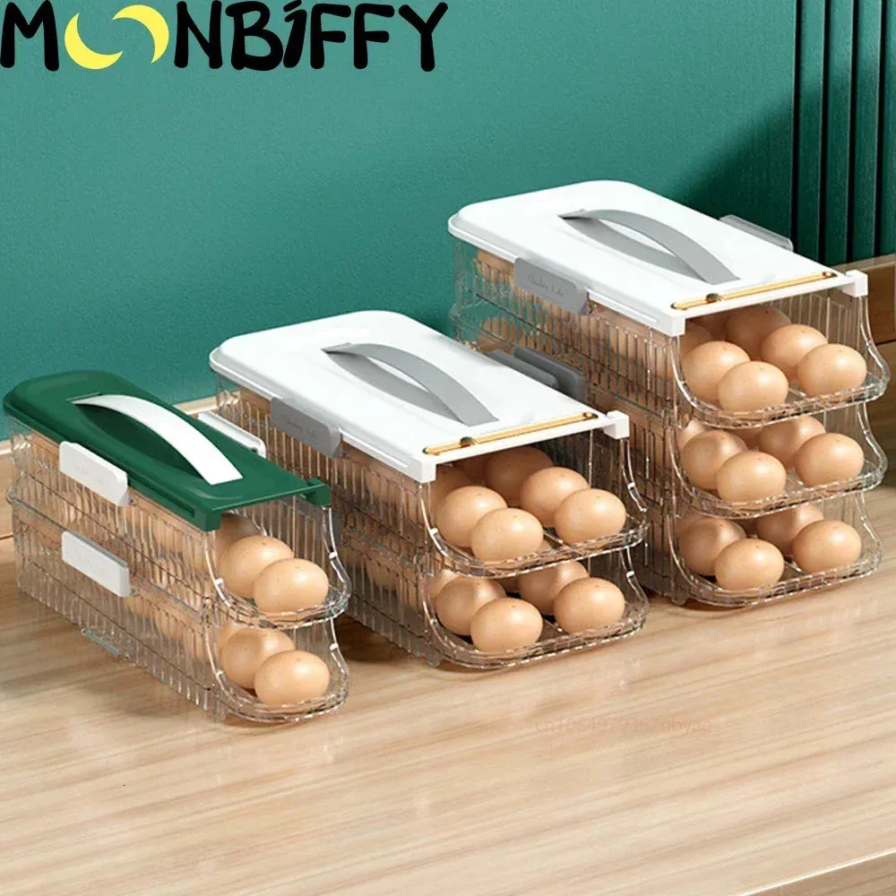 Eieropbergdoos Plastic Organizer Rolling Slide Container Meerlaagse koelkasthouder Dienblad Organisaties Keukenaccessoires 240125