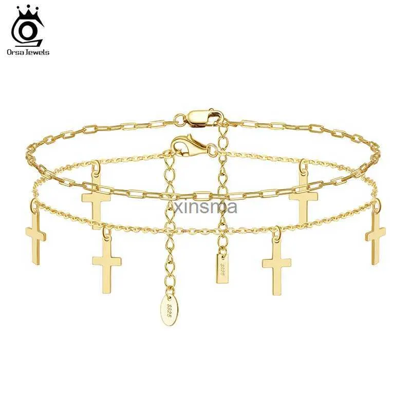 Bracelets de cheville ORSA JEWELS 14K or 925 en argent Sterling trombone croix chaîne bracelets de cheville pour les femmes été pied chaîne sangles bijoux cadeau SSA05 YQ240208