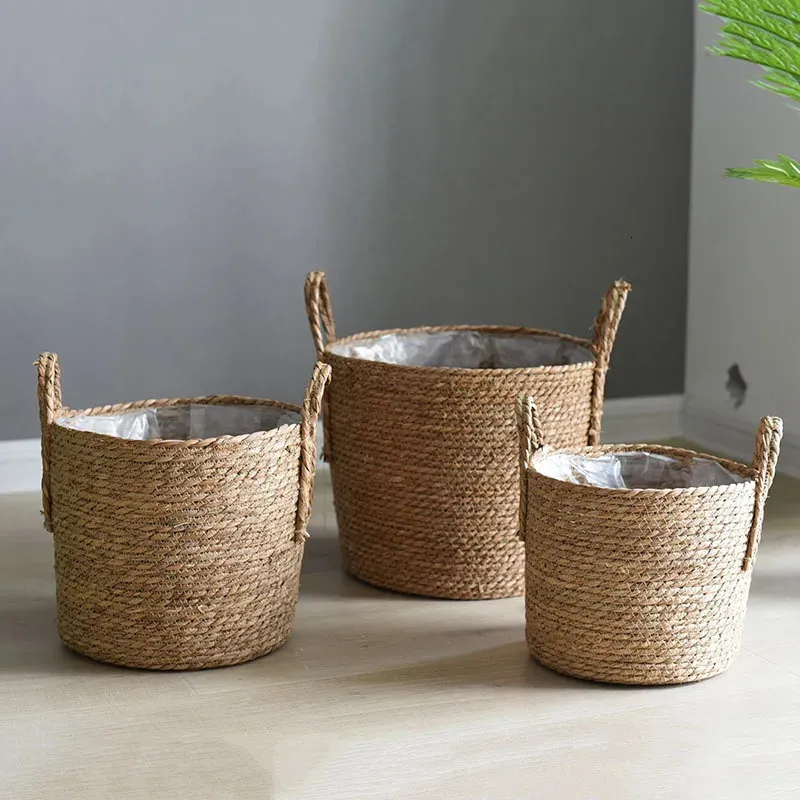 手作りの織物プランターバスケットランドリーストレージ装飾的なバスケットStraw Wicker Rattan Seagrass Garden Flower Pot Storage Basket 240131