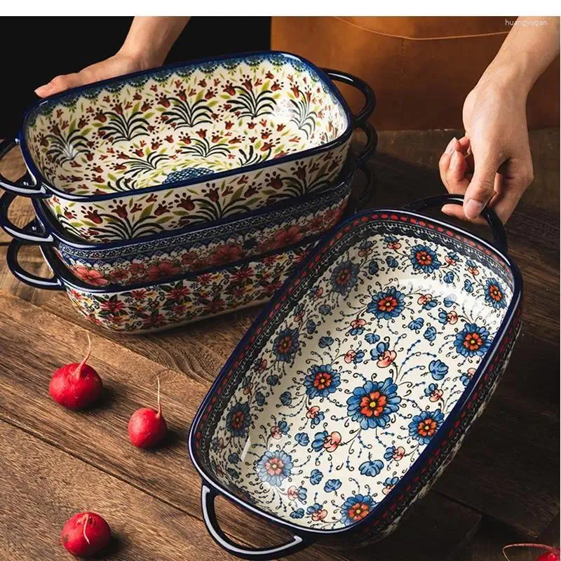 Płytki Polski prostokątny prostokątej patelni do pieczenia ceramiczna rączka miska domowa piekarnik mikrofalowy zestaw i naczynia