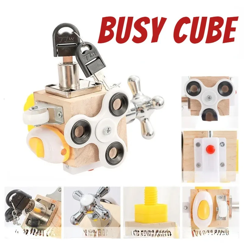 Kids Busy Cube Houten Busy Block Montessori Educatief speelgoed Hands-on Grijpvermogen Training Lock Box Kinderen Vroeg Leren 240124