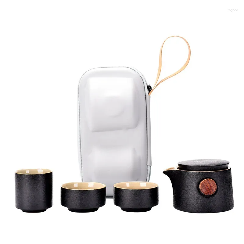 Teaware Sets Portable Teacups Ceramic Tea Set Black Glaze Pot Japanese-style Pottery Sandalwood Handle For Travel Home