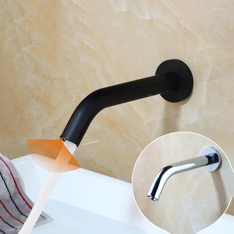 Badrum diskbänk kranar svart krom toalett kran väggmontering sensor automatiska händer gratis beröring kallt vatten kran