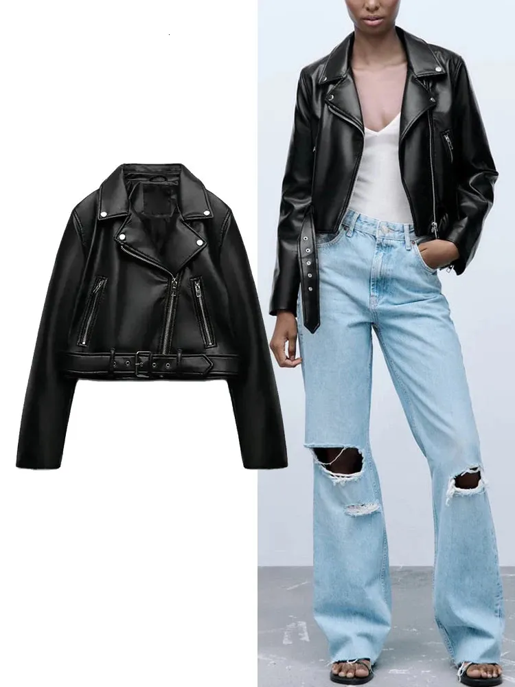 ZA Women's Retro Loose Pu Faux Leather Short Jacket med midja Vintage Lapel Motorcykel Biker Jacket Fashion Streetwear Women 240124