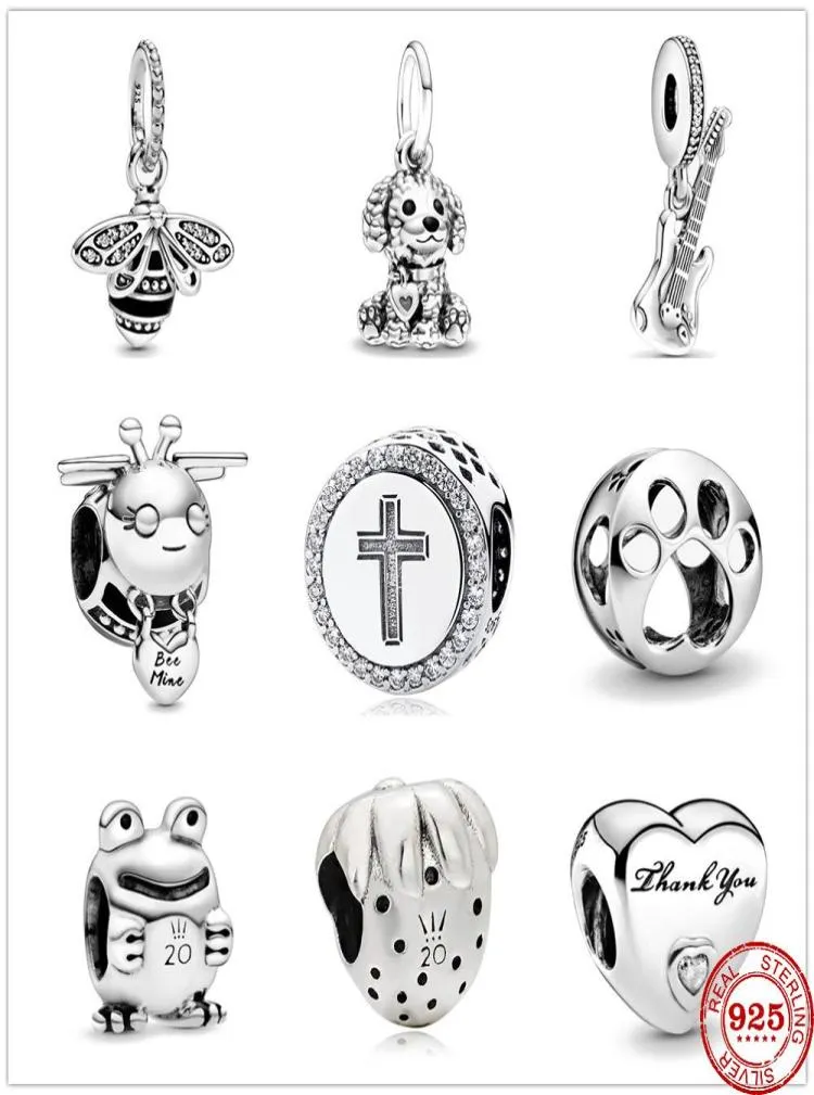 925 Sterling Silber E-Gitarre Biene Mine Pudel Welpe Hund baumeln DIY feine Perlen passen Original Charm Armband Schmuck2988292