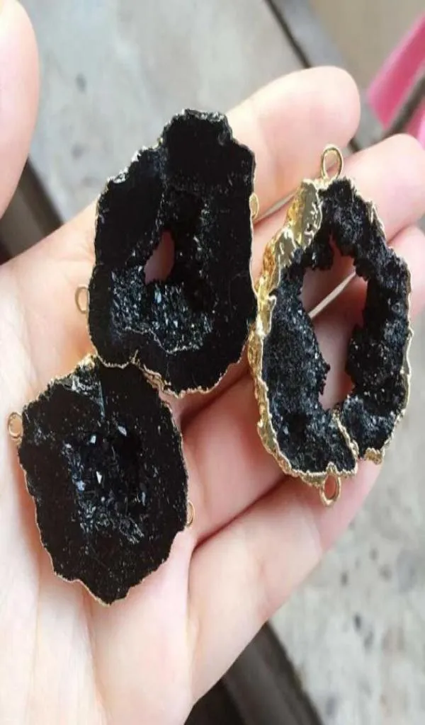 6 pezzi placcato oro colore nero quarzo naturale connettore Druzy GeodeDrusy cristallo gemma pietra perline ciondolo gioielli trovare61140716521015