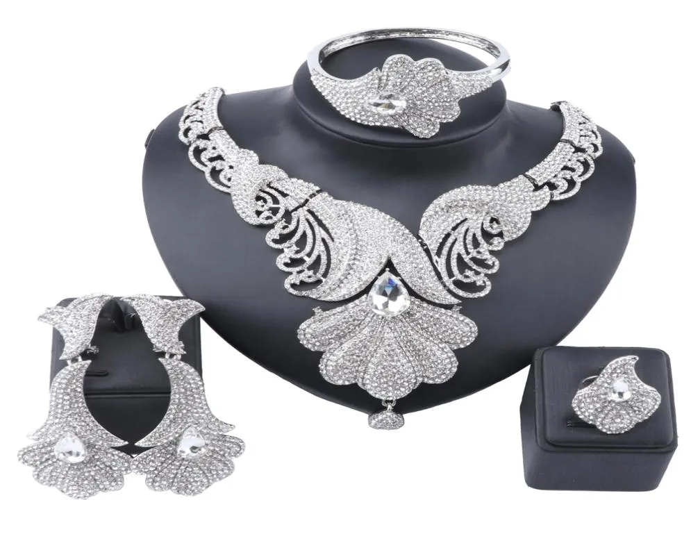 Exquis Dubai or mariage mariée demoiselle d'honneur complet strass déclaration collier boucles d'oreilles bracelet bague fête Costume bijoux ensemble9247730