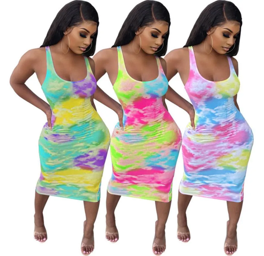 Women tie dye dresses Sleeveless Midi SKirts trendy Bodycon dress Sexy Summer Clothing Plus size S2XL colorful long skirt skinny 8798921