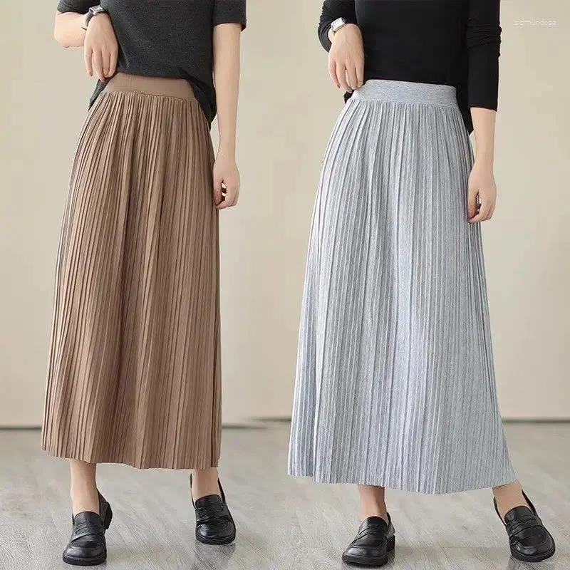 Skirts 2024 Autumn/Winter Knitted Pleated Skirt High Waist A-Line Elegant Fashion Casual All-Match Long Sweater Saias Z2754