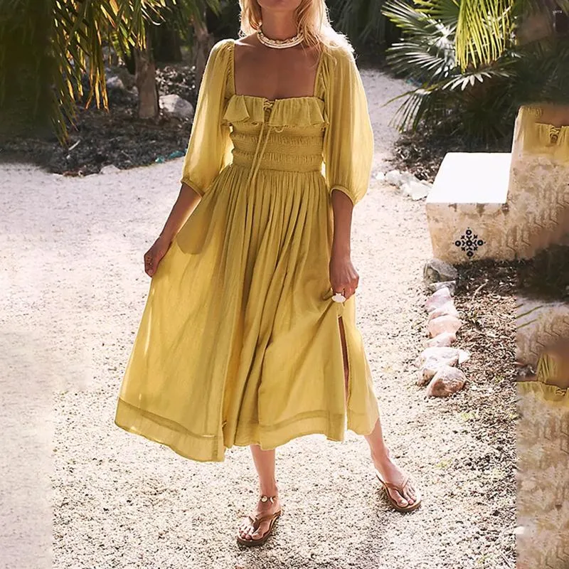 Casual Dresses Elegant Women Fairycore Summer Long Dress Square Neck Ruffles Solid Color Trendy Flowy High Split Beach Party