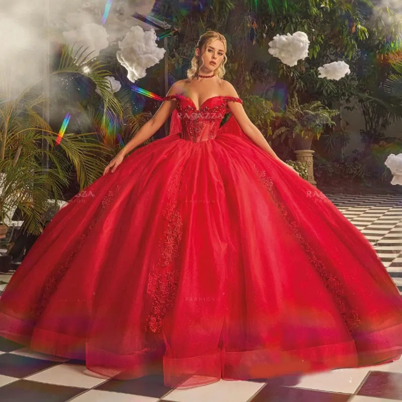 Vestido rojo De lujo para quinceañeras, apliques De encaje y cuentas, Tull con hombros descubiertos, vestido De fiesta De princesa, Vestidos De 15 De XV Anos