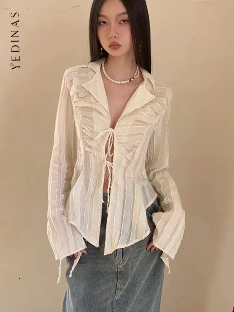 YEDINAS FAIRYCORE LACE UP BLOUSE Women Long Sleeve Spring Turn-Down Collar Women Shirt Ladies Tops Korean Fashion Chic 240130