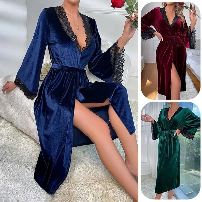 Kvinnors sömnkläder 2024 Ladies Velvet Lace Robe V Neck Sexig Nightgown Casual Home Solid Bathrobe Plus Size Long For Women Elegant
