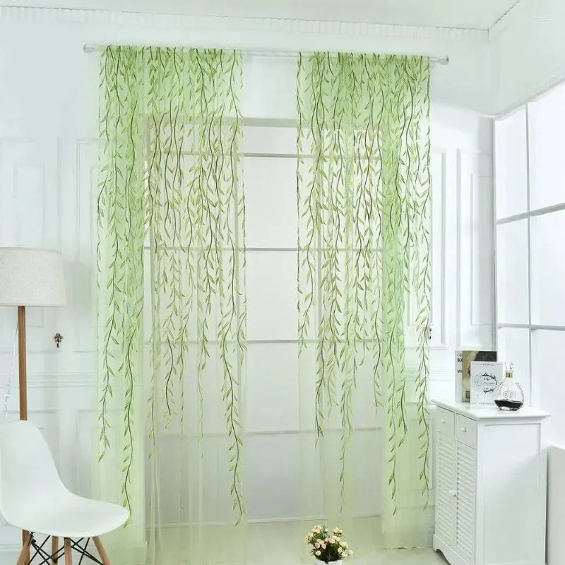 Curtain Leaf Printing Transparent Screen Green Tulle Sheer For Home Decoration French Window