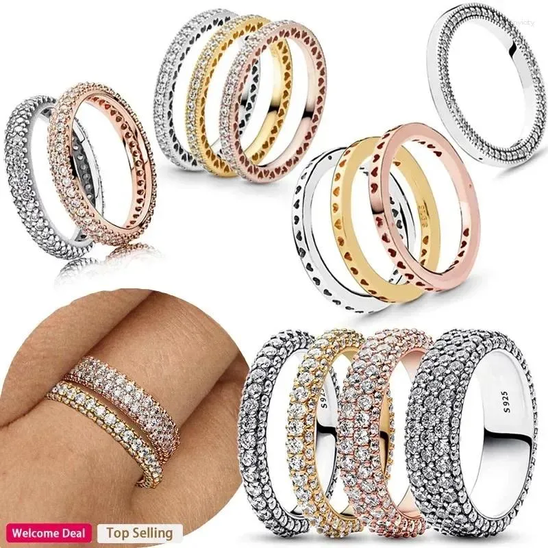 Anelli a grappolo in argento sterling 925 con sovrapposizione lucida da donna in oro rosa con logo originale, anello scavato, moda nuziale, gioielli con fascino fai da te