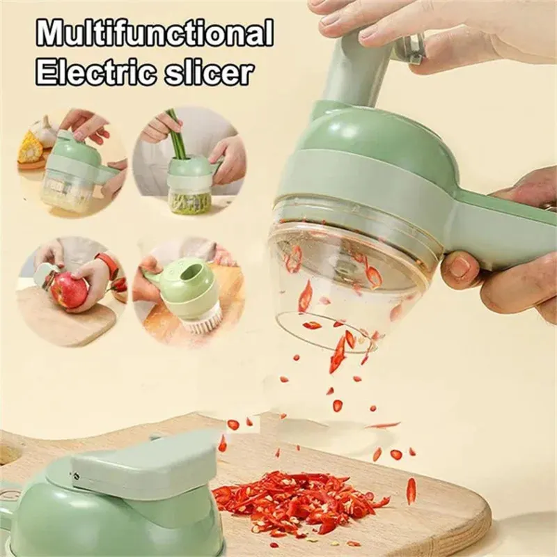 4 In 1 Electric Vegetable Cutter Set Portable Mini Wireless Food Processor Slicer Garlic Chili Meat Garlic Chopper With Brush 240129