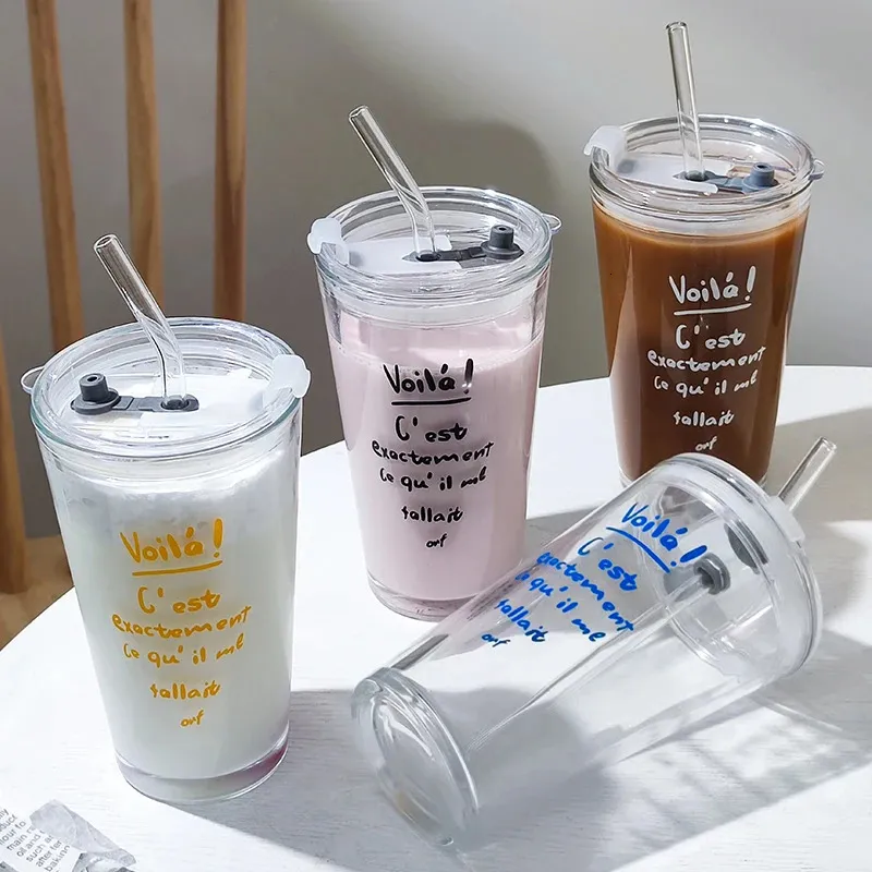 French drink straw cup coffee milk tea coffee cold drink cup with lid glass water cup 240124
