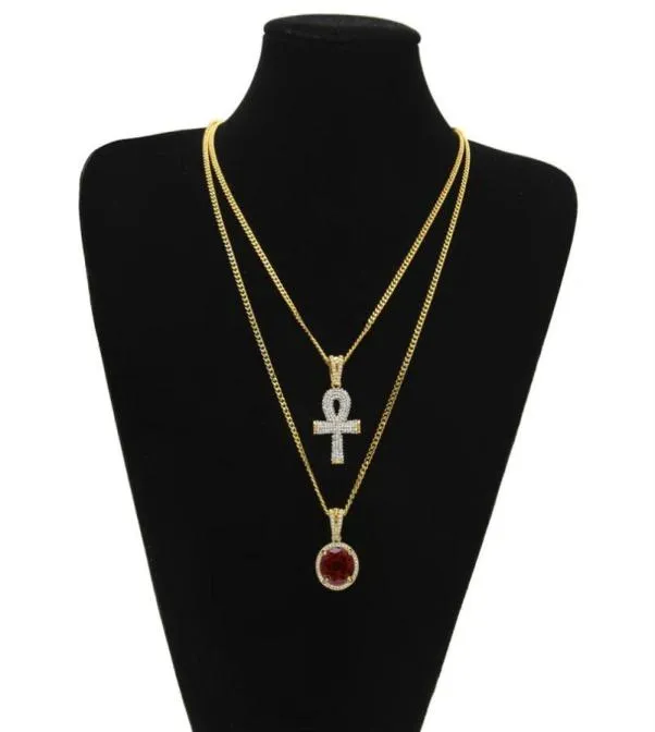 Hip Hop Egyptische Ankh Sleutel van Leven kettingen Sets Voor Heren vrouwen Ronde Ruby Iced out Goud Zilver hanger Cubaanse kettingen Jewelry238r3112923