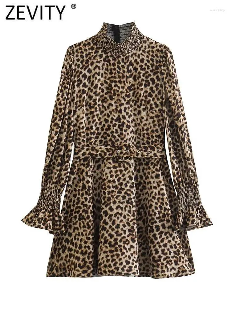 Vestidos casuais zevity mulheres vintage elástico gola leopardo impressão cinto mini vestido feminino chique babados manga longa zíper vestidos