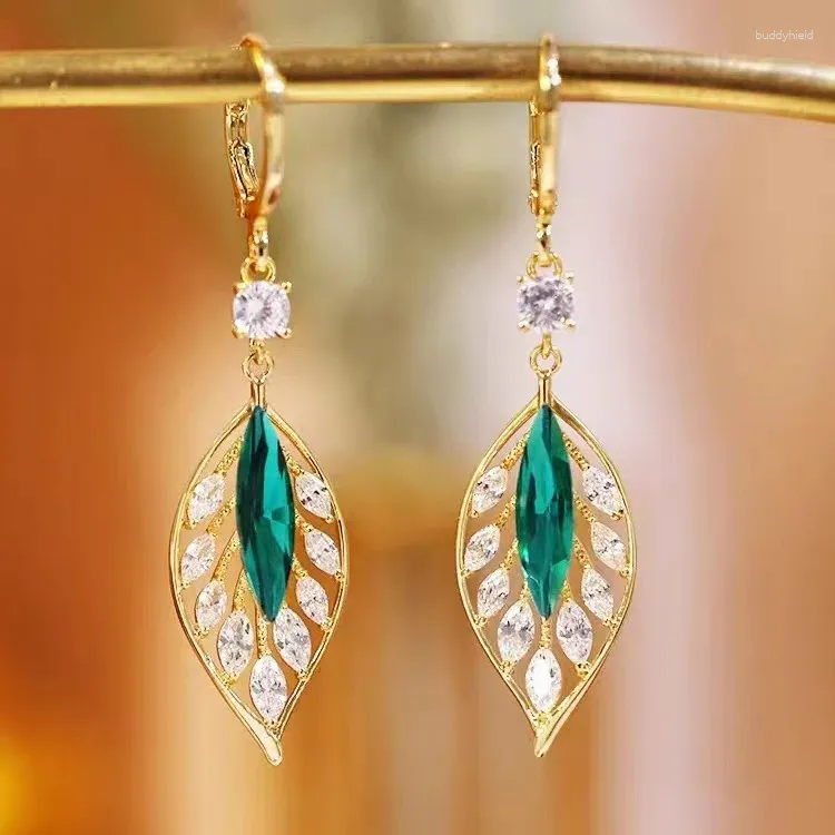 Dangle Earrings 2024 Fashion Shining Zircon Green Leaf Ear Buckle Light Luxury High Style Versatile