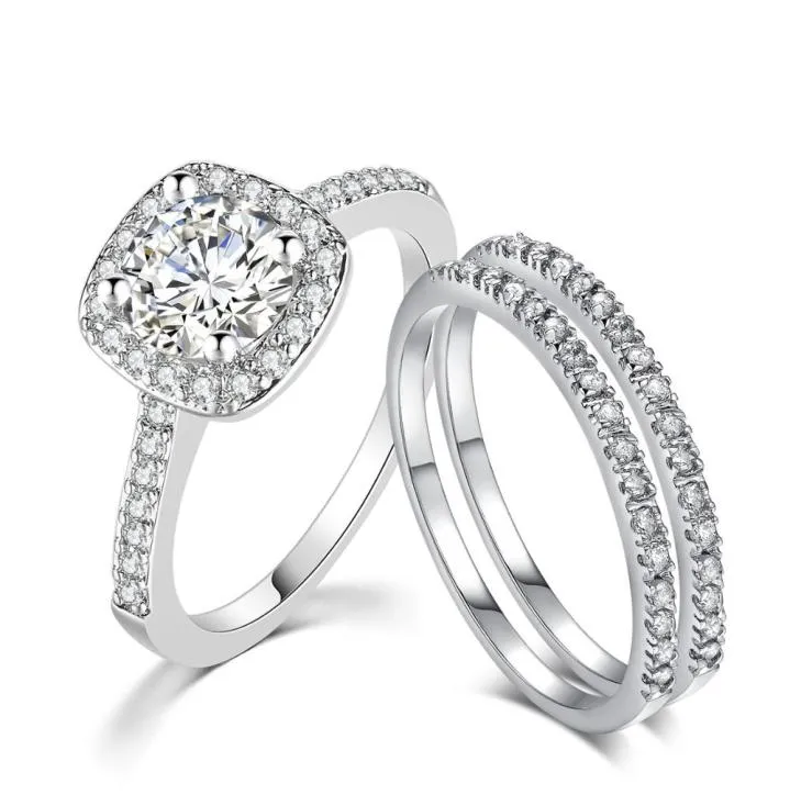 Amazon joias femininas banhadas a ouro branco CZ diamante três peças conjuntos de anéis de noivado de casamento faixa de noiva SR5316428992