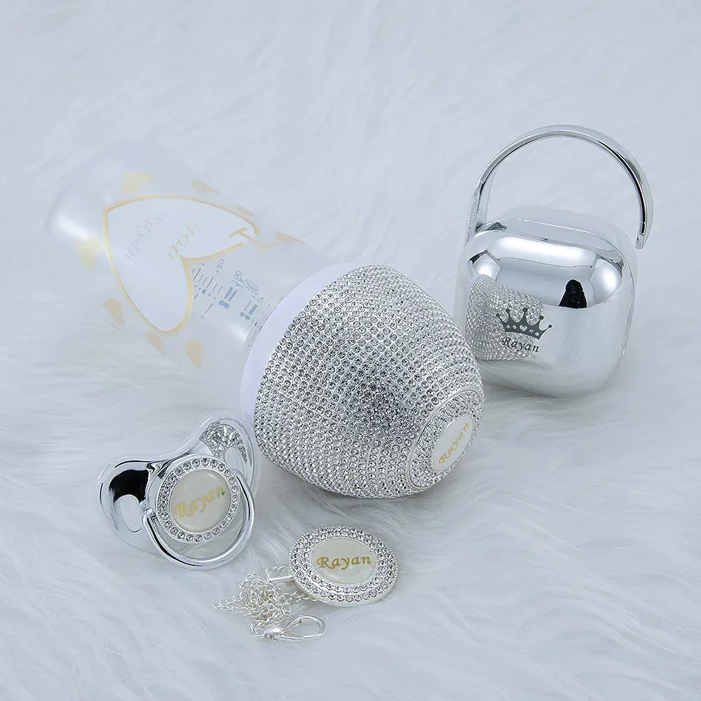 MIYOCAR personalized silver collection bling baby bottle pacifier and pacifier clip pacifier box set BPA free 240125