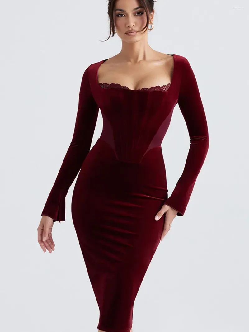 Casual Dresses BEAUKEY 2024 Sexy For Women Lace Wine Red Bodycon Dress Midi Length Slim Party Celebrity Long FLare Vestidos