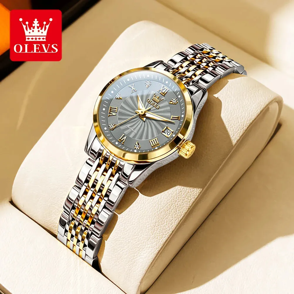 OLEVS العلامة التجارية الفاخرة LADIDES AUTOMATION Mechanical Wristwatch مقاومة للماء من الفولاذ المقاوم للصدأ ساعة البسيطة للنساء هدية لفتاة 240202