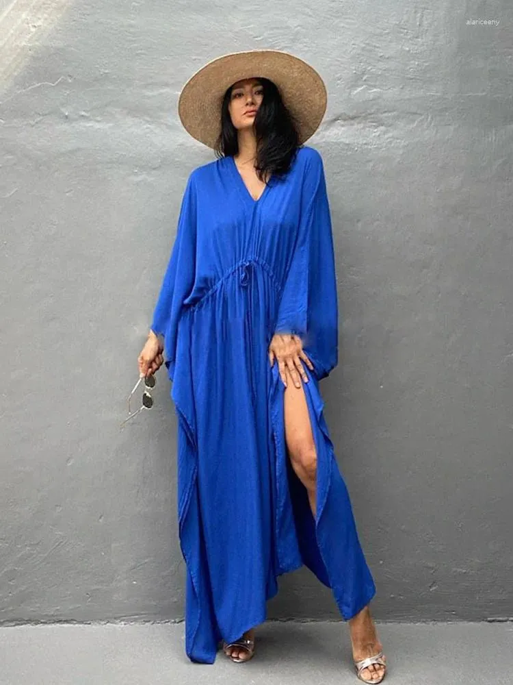 Traje de baño de las mujeres 2024 elegante sólido kaftan largo azul túnica suelta maxi vestido mujeres ropa de verano ropa de playa traje de baño cubrir A1984