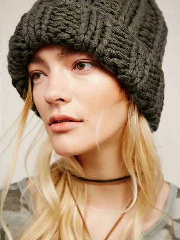 Berets Mulheres Chapéu De Malha Europeu Inverno Quente Pura Lã Grossa Hip-Hop Skullies Beanie Amantes Da Moda