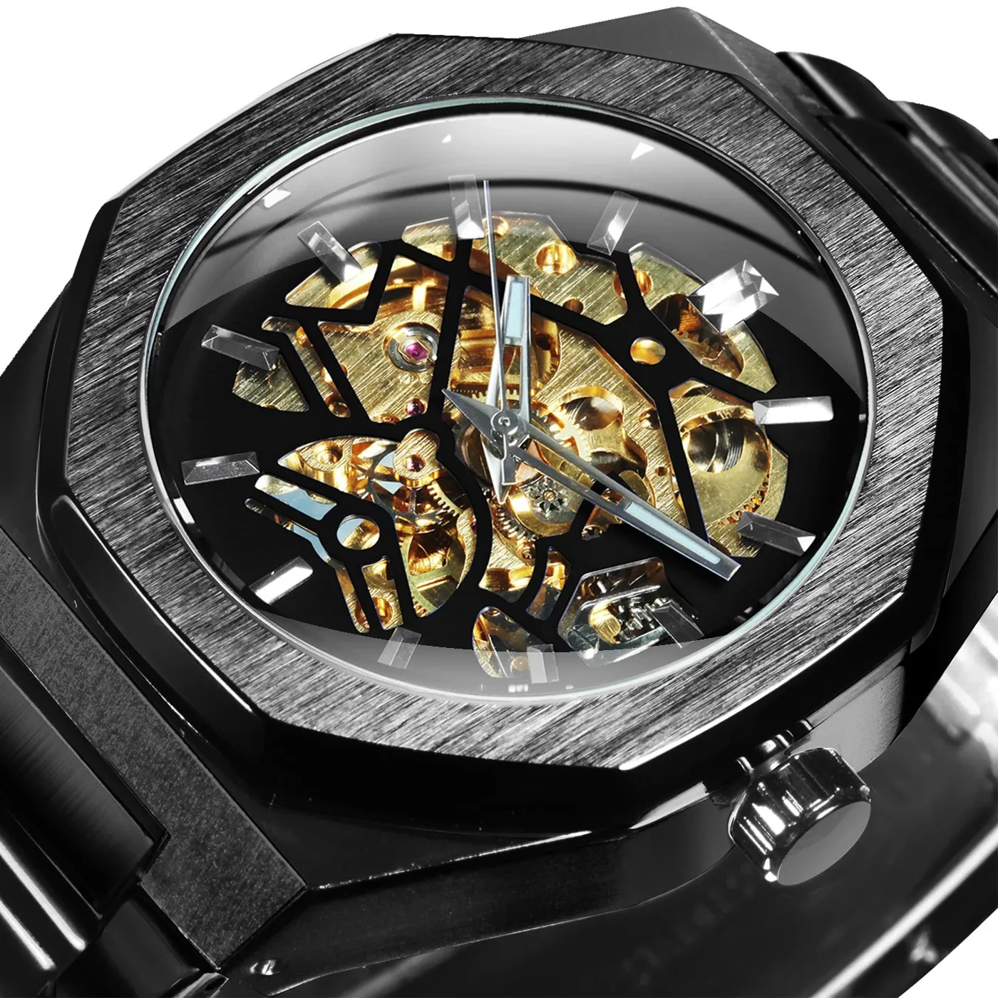 WINNER Black Gold Skeleton Mechanical Watches for Men Fashion irregular Automatic Watch Luxury Brand Stainless Steel Strap 240123