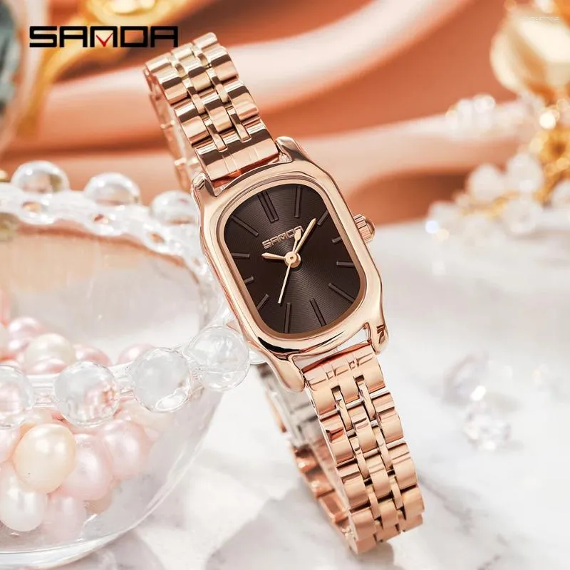 Наручные часы SANDA, оригинальные часы, женские кварцевые повседневные модные часы в корпусе из розового золота, темно-бордовый кожаный ремешок, водонепроницаемый P1104