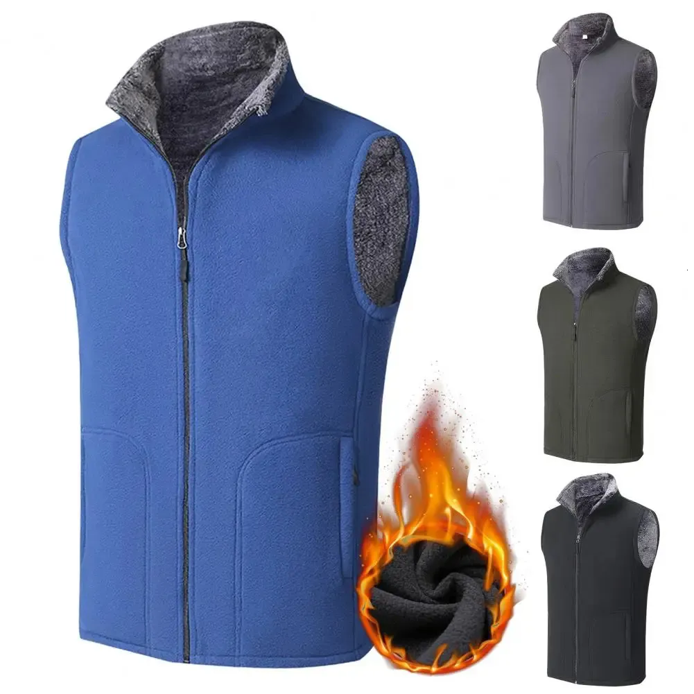 Otoño de los hombres de lana chaleco chaqueta de invierno casual chaleco masculino chaleco sin mangas cuello alto color sólido polar grueso abrigo térmico 240125