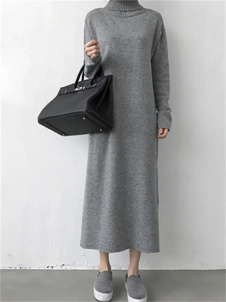 Wool Winter Womens Dress Fall Sweater Women Dress Långärmning stickade klänningar maxi vintage överdimensionerade klänningar som stickar Turtleneck 240122