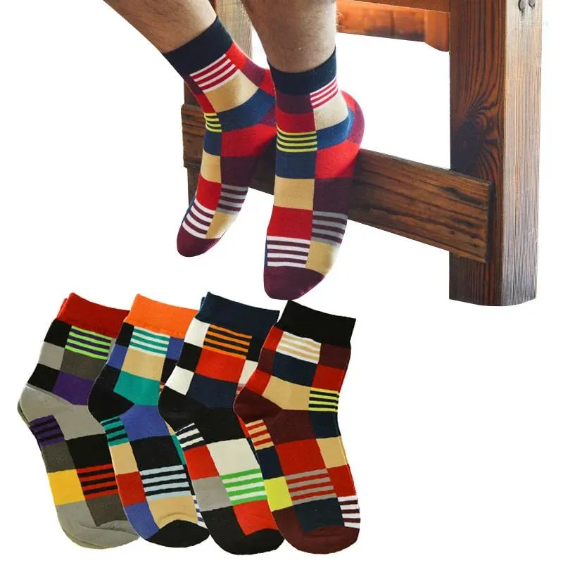 Men's Socks 6 Pairs Men Comfortable Cotton Korean Casual Color Grid Fashion Classic Plaid Shaping Male