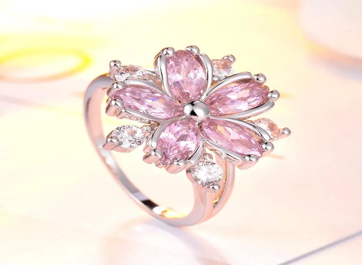 Anéis de casamento elegante moda sakura princesa noivado para noiva jóias romântico flor de cerejeira zircão lady7012046