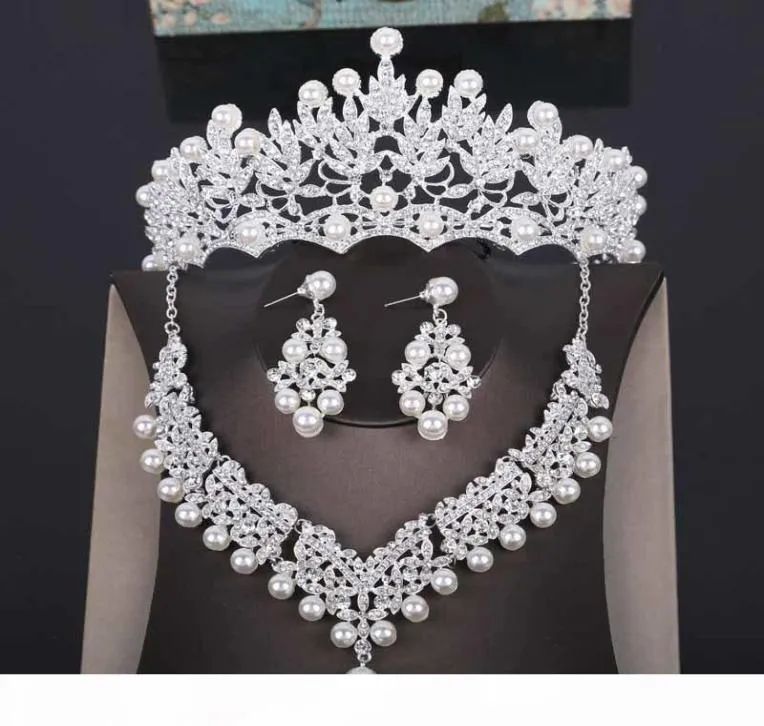 Högkvalitativ bröllopskrona Brudhuvud Pearl Tiara smycken Kvinnor Hårtillbehör Set Silver Headpiece Big Pageant Crown J195504683