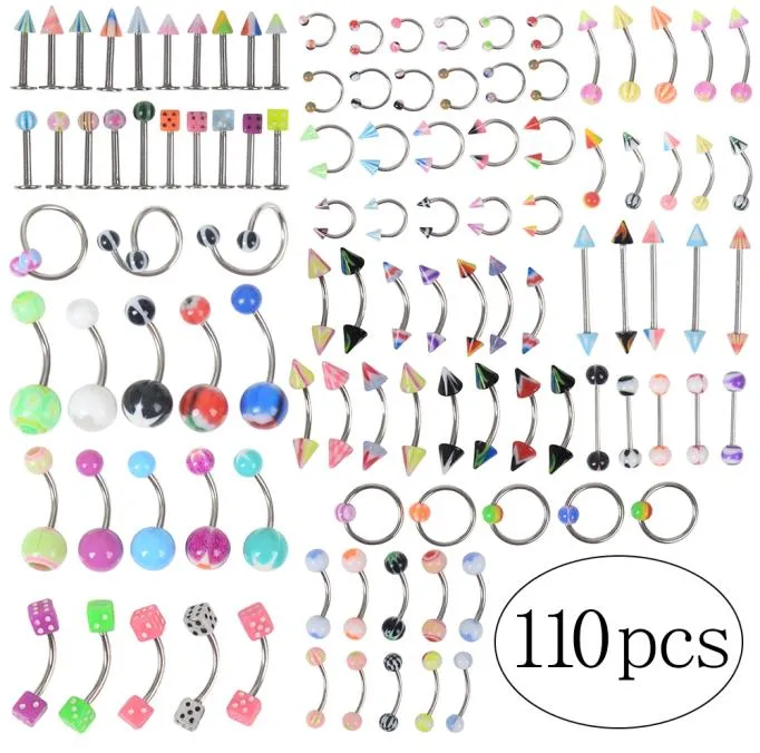 110pcslot Fashion Piercing Set Eyebrow Bar Lip Nose Pircing Ear Studs rostfritt stål blandat kroppsmycken7643960